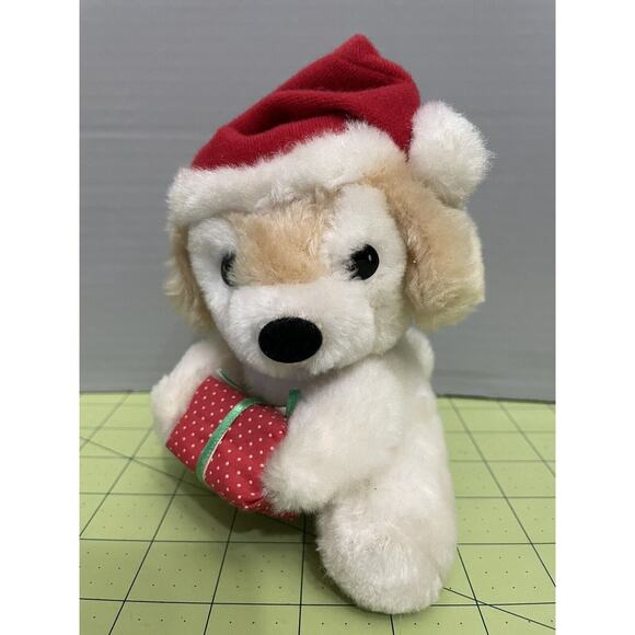 Vintage Russ Muffin Christmas Puppy Dog Plush Stuffed Animal Santa Hat Present - Picture 1 of 9